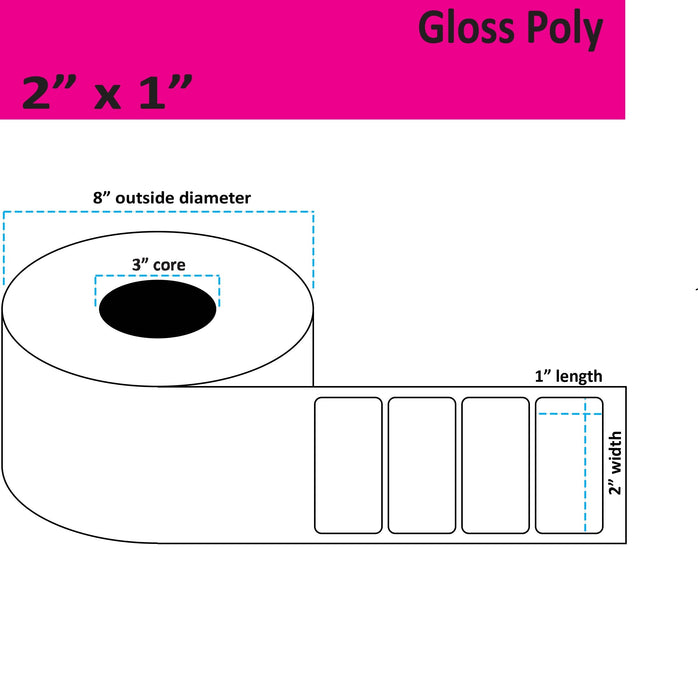2" x 1" Gloss Poly Inkjet Label - 5,250 per Roll - 2 Rolls per Case - 3" Core - 8" Outer Diameter - No Perfs.