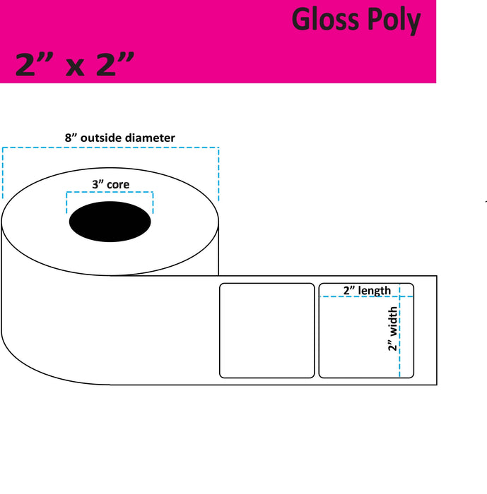 2" x 2" Gloss Poly Inkjet Label - 2,750 per Roll - 2 Rolls per Case - 3" Core - 8" Outer Diameter - No Perfs.
