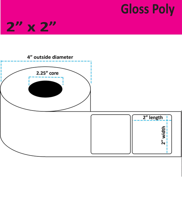 2" x 2" Gloss Poly Inkjet Label - 450 per Roll - 8 Rolls per Case - 2.25" Core - 4" Outer Diameter - No Perfs.