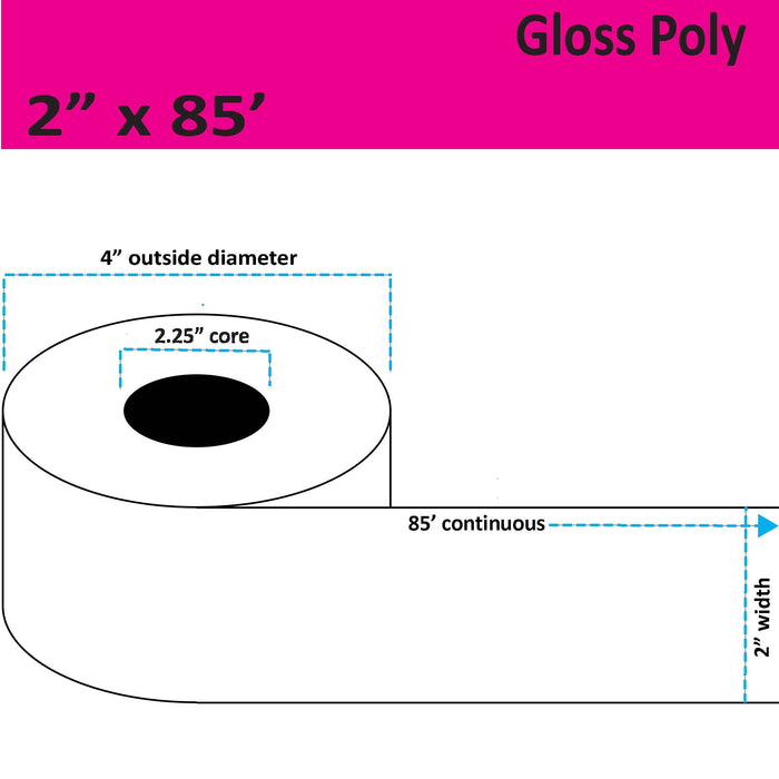 2" x 85' Continuous Gloss Poly Inkjet Label - 12 Rolls per Case - 2.25" Core - 4" Outer Diameter - No Perfs.