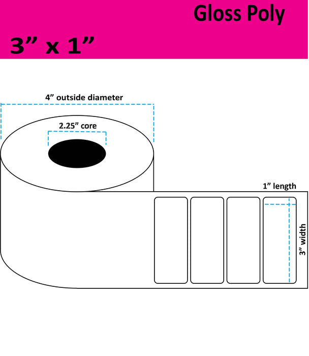 3" x 1" Gloss Poly Inkjet Label - 900 per Roll - 8 Rolls per Case - 2.25" Core - 4" Outer Diameter - No Perfs.