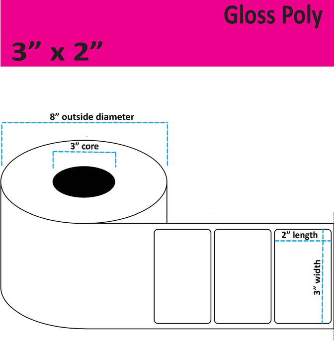 3" x 2" Gloss Poly Inkjet Label - 2,750 per Roll - 2 Rolls per Case - 3" Core - 8" Outer Diameter - No Perfs.