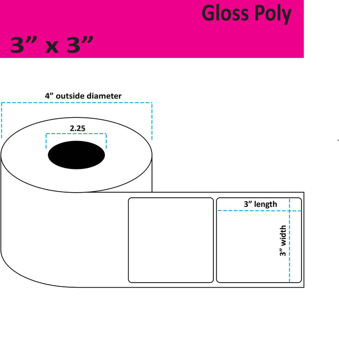 3" x 3" Gloss Poly Inkjet Label - 350 per Roll - 8 Rolls per Case - 2.25" Core - 4" Outer Diameter - No Perfs.
