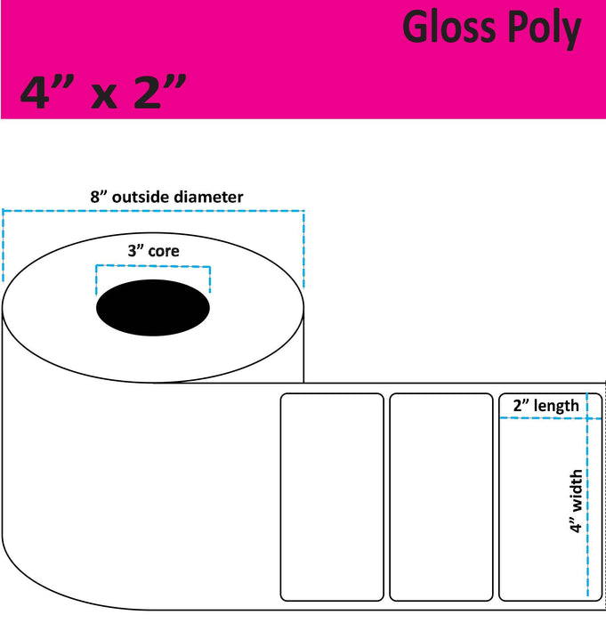 4" x 2" Gloss Poly Inkjet Label - 2,750 per Roll - 2 Rolls per Case - 3" Core - 8" Outer Diameter - No Perfs.