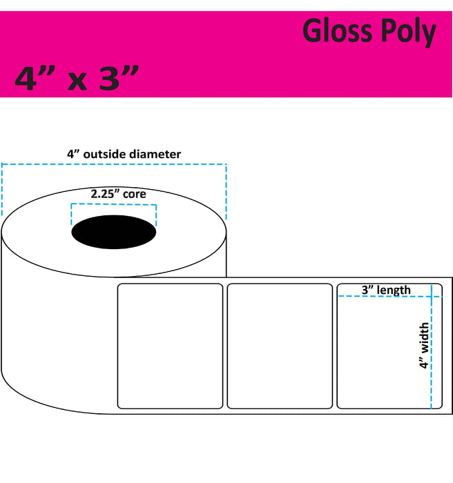 4" x 3" Gloss Poly Inkjet Label - 350 per Roll - 8 Rolls per Case - 2.25" Core - 4" Outer Diameter - No Perfs.