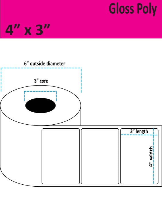 4" x 3" Gloss Poly Inkjet Label - 800 per Roll - 4 Rolls per Case - 3" Core - 6" Outer Diameter - No Perfs.