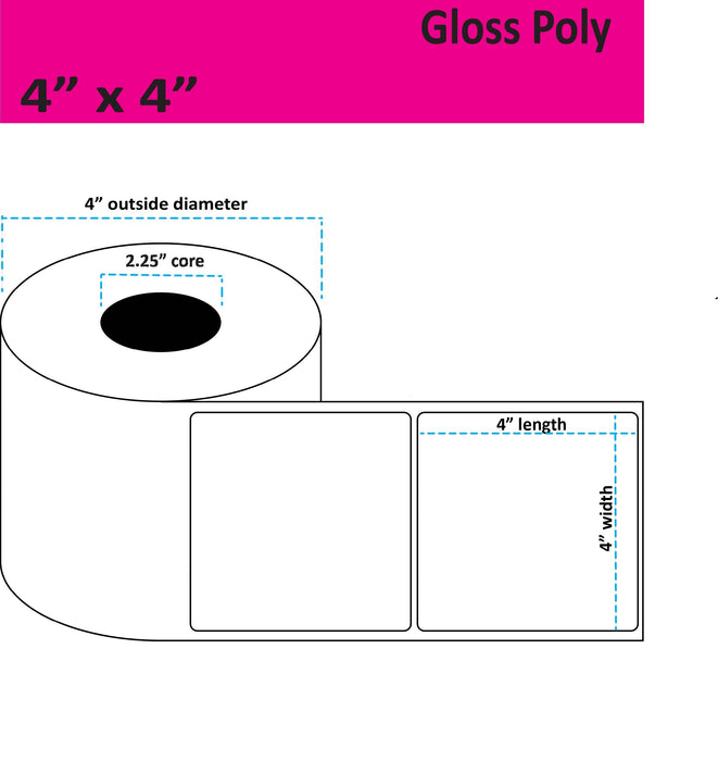4" x 4" Gloss Poly Inkjet Label - 250 per Roll - 8 Rolls per Case - 2.25" Core - 4" Outer Diameter - No Perfs.
