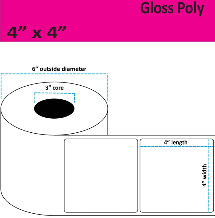 4" x 4" Gloss Poly Inkjet Label - 625 per Roll - 4 Rolls per Case - 3" Core - 6" Outer Diameter - No Perfs.