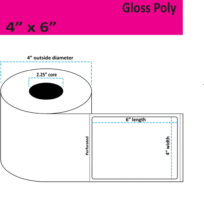 4" x 6" Gloss Poly Inkjet Label - 175 per Roll - 8 Rolls per Case - 2.25" Core - 4" Outer Diameter - No Perfs.