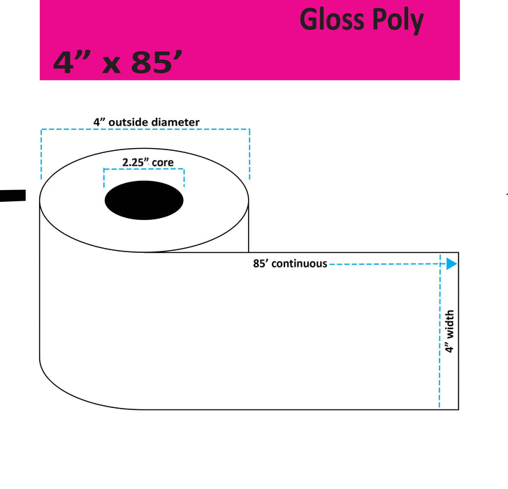 4" x 85' Continuous Gloss Poly Inkjet Label - 12 Rolls per Case - 2.25" Core - 4" Outer Diameter - No Perfs.