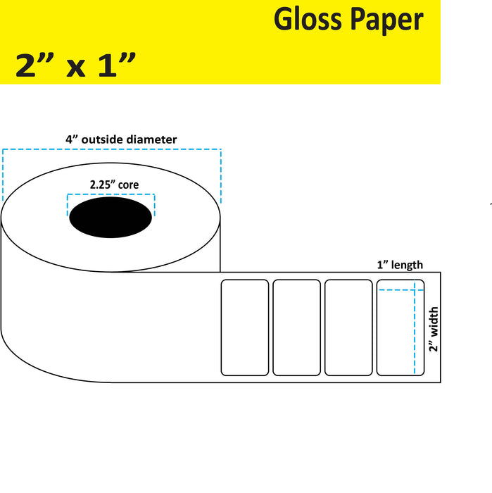2" x 1" Gloss Paper Inkjet Label - 900 per Roll - 8 Rolls per Case - 2.25" Core - 4" Outer Diameter - No Perfs.