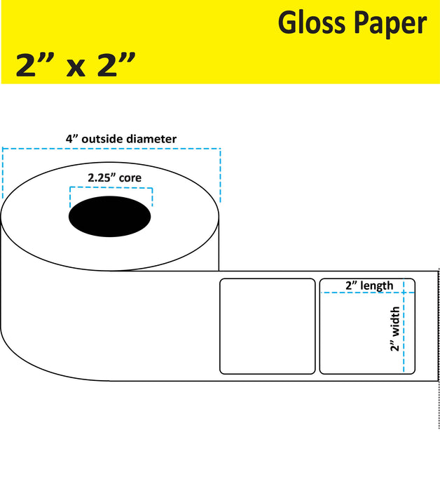 2" x 2" Gloss Paper Inkjet Label - 450 per Roll - 8 Rolls per Case - 2.25" Core - 4" Outer Diameter - No Perfs.