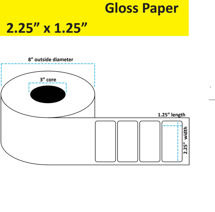 2.25" x 1.25" Gloss Paper Inkjet Label - 4,250 per Roll - 2 Rolls per Case - 3" Core - 8" Outer Diameter - No Perfs.