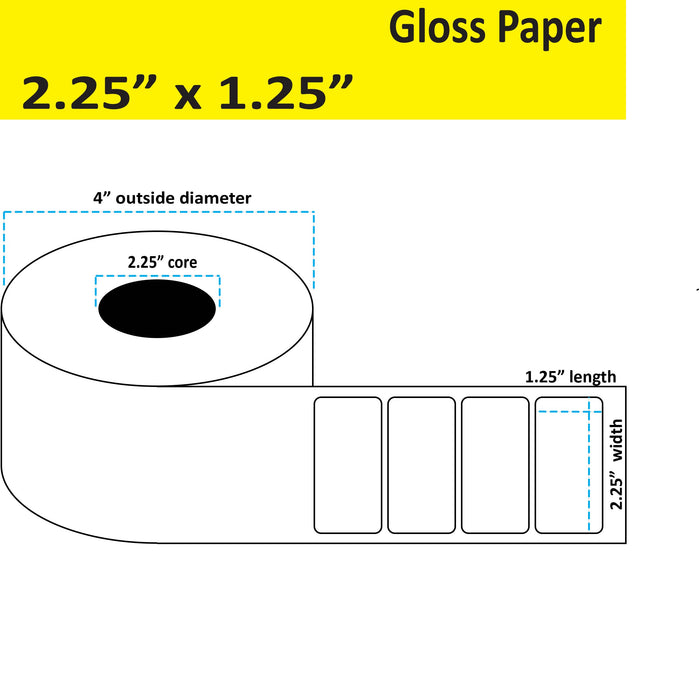 2.25" x 1.25" Gloss Paper Inkjet Label - 750 per Roll - 8 Rolls per Case - 2.25" Core - 4" Outer Diameter - No Perfs.