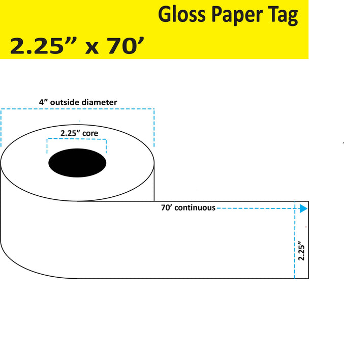 2.25" x 70' Continuous Gloss Paper Inkjet Tag - 12 Rolls per Case - 2.25" Core - 4." Outer Diameter. - No Perfs.