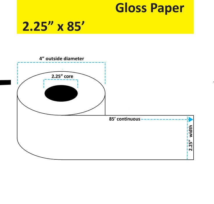 2.25" x 85' Continuous Gloss Paper Inkjet Label - 12 Rolls per Case - 2.25" Core - 4" Outer Diameter - No Perfs.