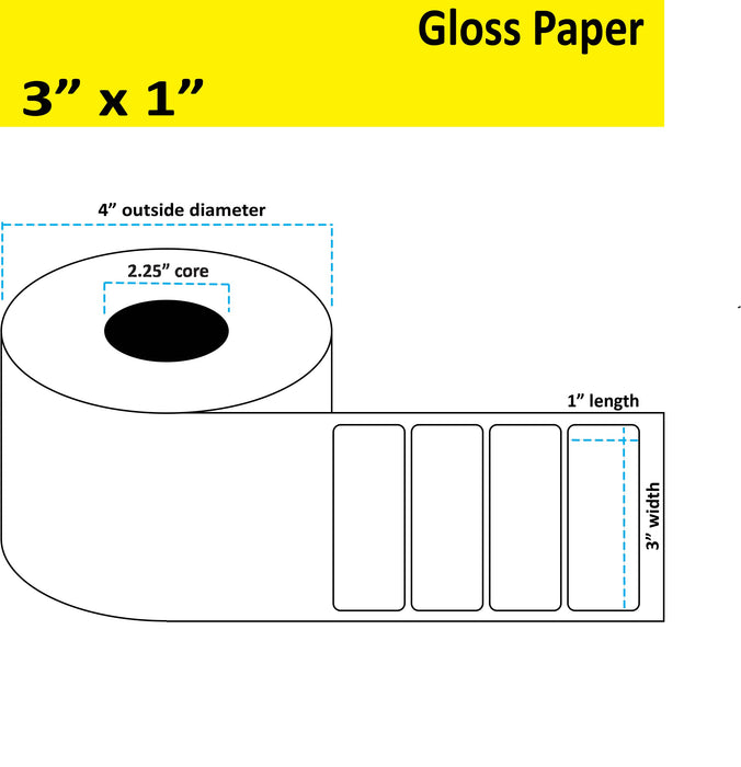 3" x 1" Gloss Paper Inkjet Label - 900 per Roll - 8 Rolls per Case - 2.25" Core - 4" Outer Diameter - No Perfs.