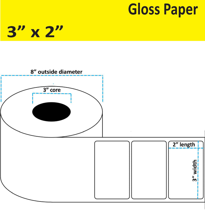 3" x 2" Gloss Paper Inkjet Label - 2,750 per Roll - 2 Rolls per Case - 3" Core - 8" Outer Diameter - No Perfs.