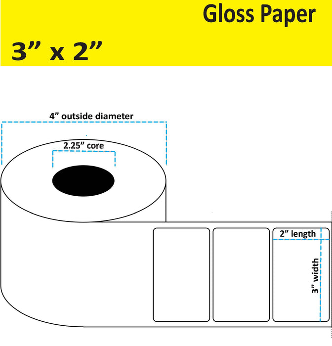 3" x 2" Gloss Paper Inkjet Label. 450 per Roll - 8 Rolls per Case - 2.25" Core - 4" Outer Diameter - No Perfs.