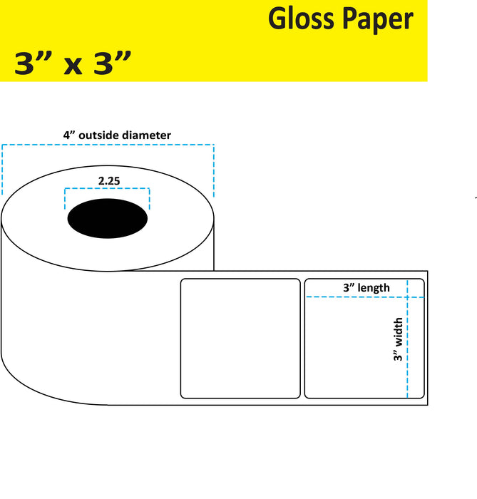 3" x 3" Gloss Paper Inkjet Label - 350 per Roll - 8 Rolls per Case - 2.25" Core - 4" Outer Diameter - No Perfs.