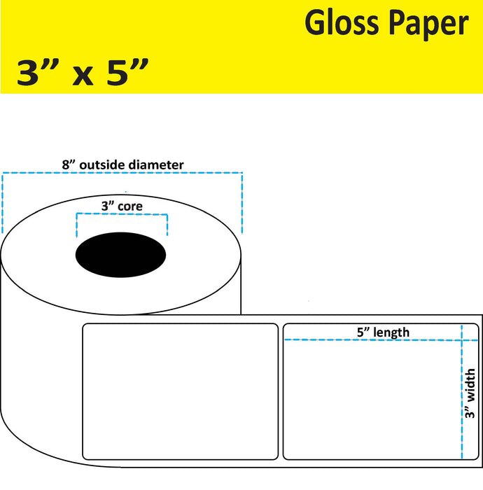 3" x 5" Gloss Paper Inkjet Label. 1,000 per Roll - 2 Rolls per Case - 3" Core - 8" Outer Diameter - No Perfs.