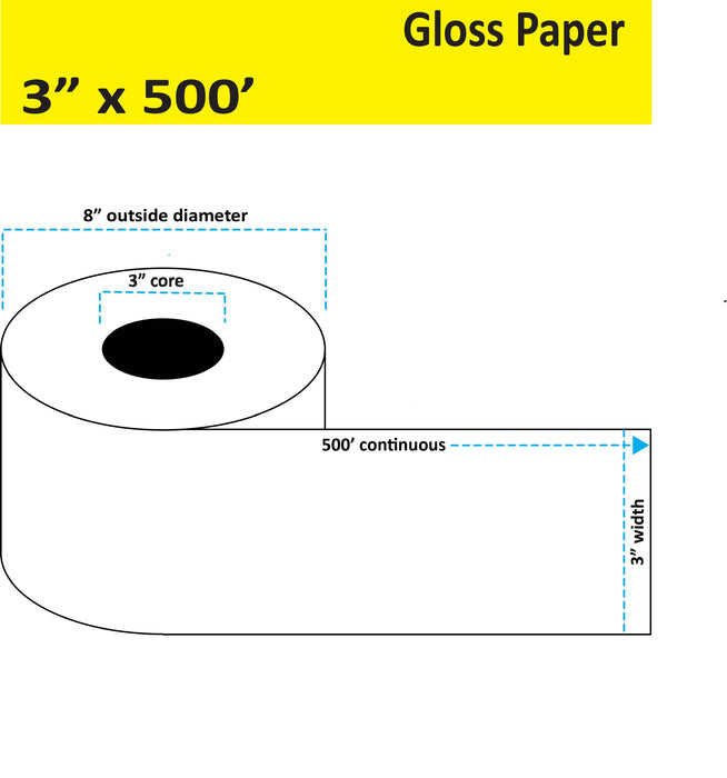 3" x 500' Continuous Gloss Paper Inkjet Label - 2 Rolls per Case - 3" Core - 8" Outer Diameter - No Perfs.