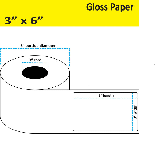 3" x 6" Gloss Paper Inkjet Label - 900 per Roll - 2 Rolls per Case - 3" Core - 8" Outer Diameter - No Perfs.