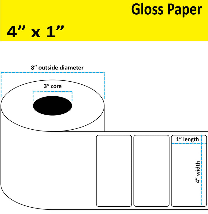 4" x 1" Gloss Paper Inkjet Label - 5,250 per Roll - 2 Rolls per Case - 3" Core - 8" Outer Diameter - No Perfs.