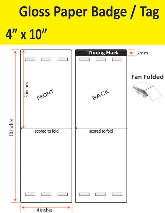 4" x 10" Gloss Paper Tag - 1,000 per Case - Folds to 4" x 5" -  500 per stack - 1,000 per carton - 3 Mirrored Holes - 1 Timing Mark - Perfed.