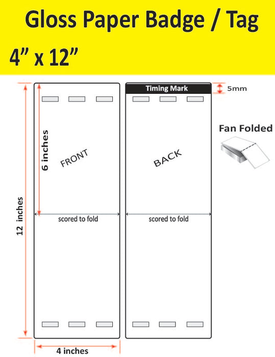 4" x 12" Gloss Paper Tag - 1,000 per Case - Folds to 4" x 6" -  500 per stack - 1,000 per carton - 3 Mirrored Holes - 1 Timing Mark - Perfed.