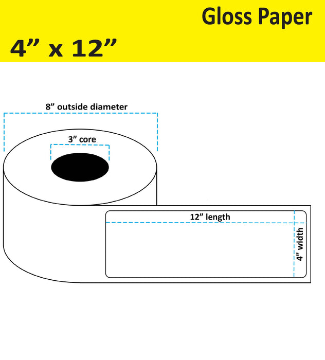 4" x 12" Gloss Paper Inkjet Label - 400 per Roll - 2 Rolls per Case - 3" Core - 8" Outer Diameter - No Perfs.