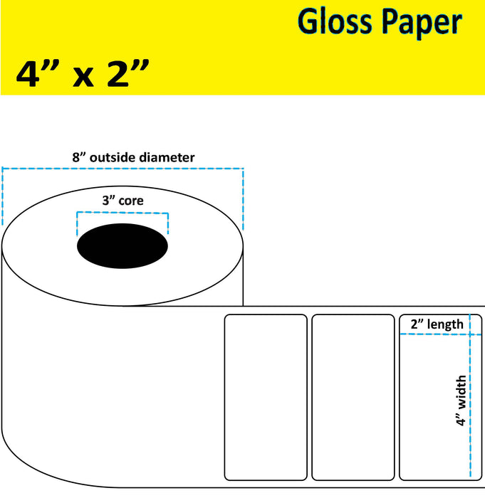 4" x 2" Gloss Paper Inkjet Label - 2,750 per Roll - 2 Rolls per Case - 3" Core - 8" Outer Diameter - No Perfs.