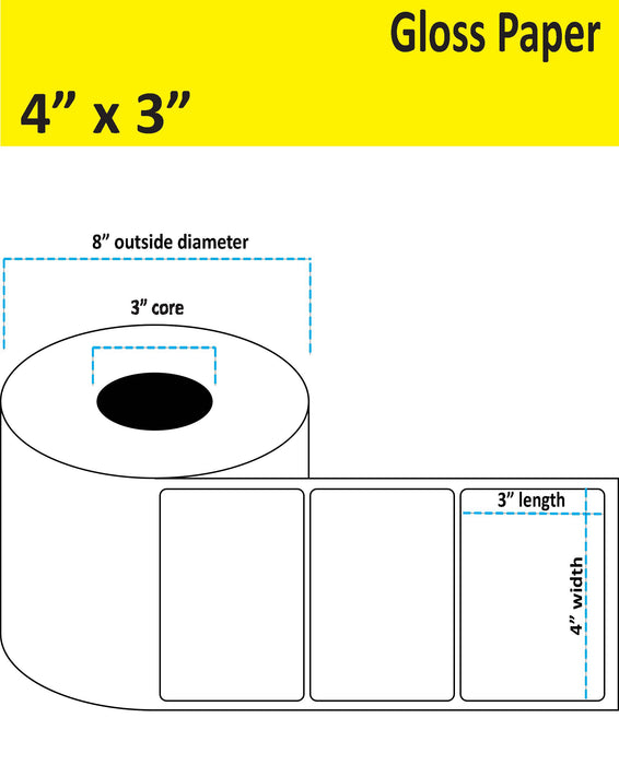 4" x 3" Gloss Paper Inkjet Label - 1,750 per Roll - 2 Rolls per Case - 3" Core - 8" Outer Diameter - No Perfs.