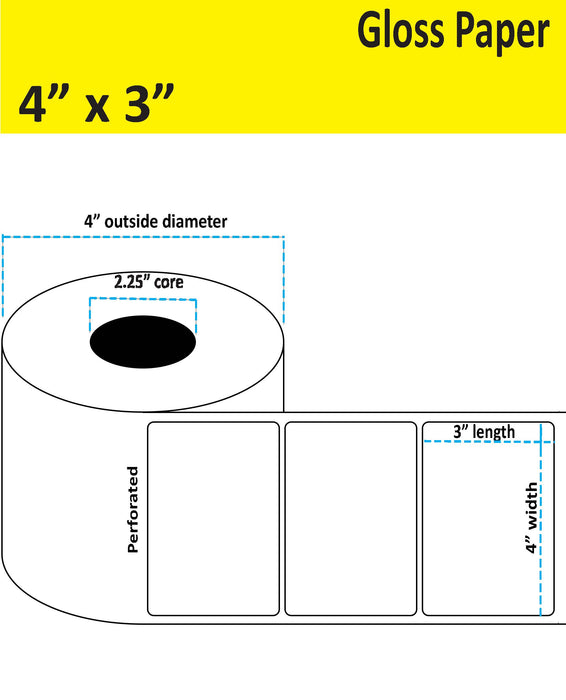 4" x 3" Gloss Paper Inkjet Label - 350 per Roll - 8 Rolls per Case - 2.25" Core - 4" Outer Diameter - No Perfs.