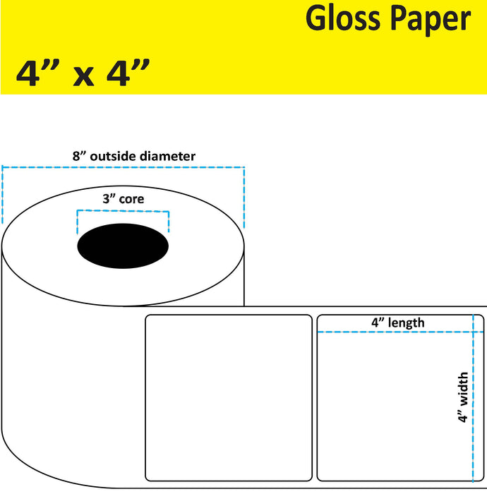 4" x 4" Gloss Paper Inkjet Label - 1,250 per Roll - 2 Rolls per Case - 3" Core - 8" Outer Diameter - No Perfs.