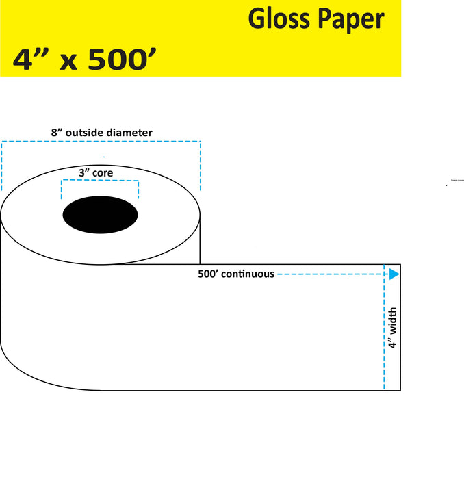 4" x 500' Continuous Gloss Paper Inkjet Label - 2 Rolls per Case - 3" Core - 8" Outer Diameter - No Perfs.