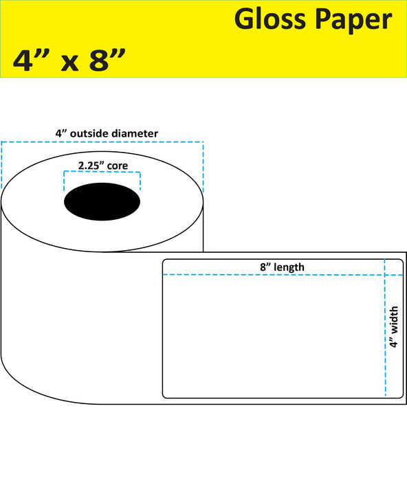 4" x 8" Gloss Paper Inkjet Label - 125 per Roll - 12 Rolls per Case - 2.25" Core - 4" Outer Diameter - No Perfs.