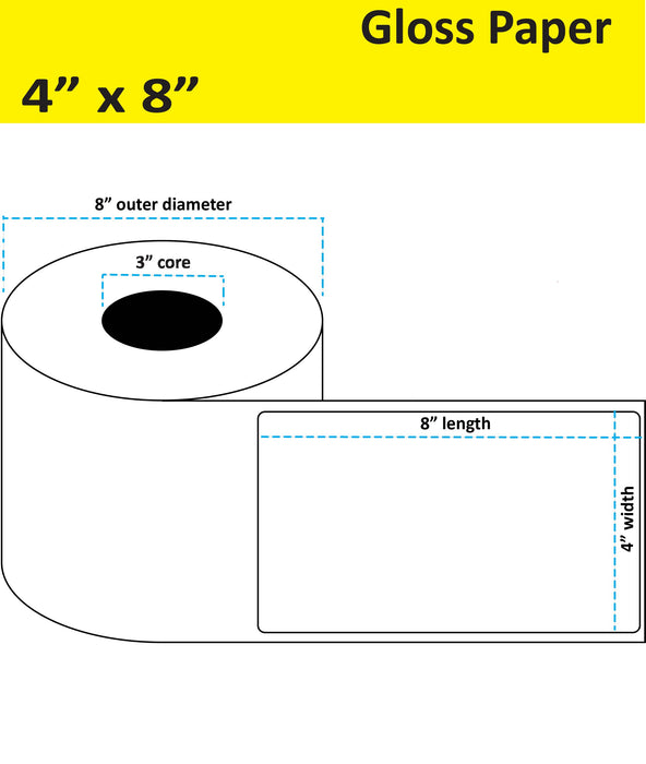 4" x 8" Gloss Paper Inkjet Label - 750 per Roll - 2 Rolls per Case - 3" Core - 8" Outer Diameter - No Perfs.