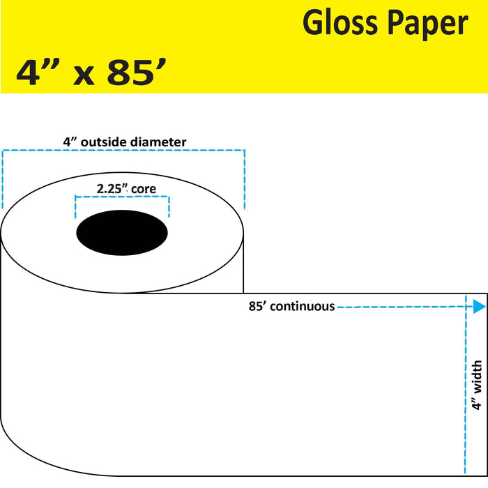 4" x 85' Continuous Gloss Paper Inkjet Label - 12 Rolls per Case - 2.25" Core - 4" Outer Diameter - No Perfs.
