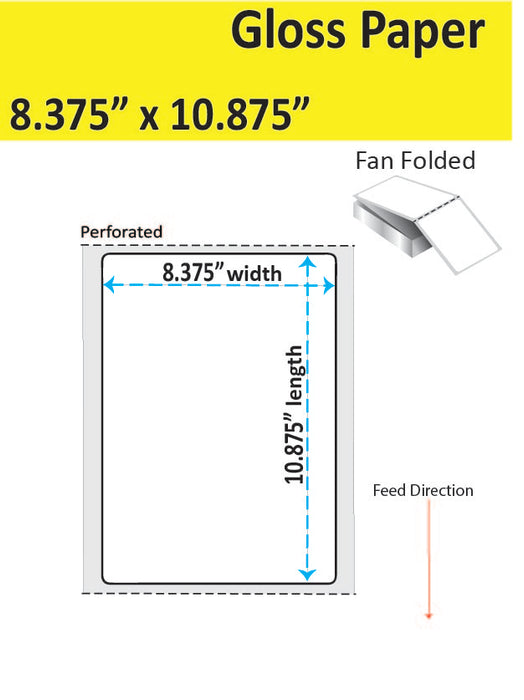 8.375" x 10.875" Gloss Paper Inkjet Label - 1,000 per Case - 1 Stack - Fan Folded - With Perfs.