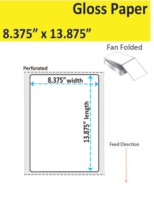 8.375" x 13.875" Gloss Paper Inkjet Label - 1,000 per Case - 1 Stack - Fan Folded - With Perfs.