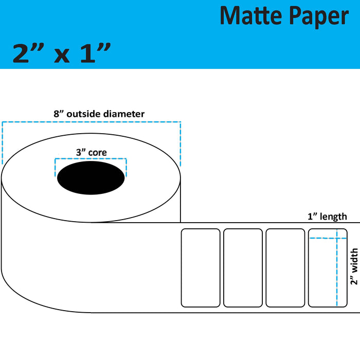 2" x 1" Matte Paper Inkjet Label - 5,250 per Roll - 2 Rolls per Case - 3" Core - 8" Outer Diameter - No Perfs.