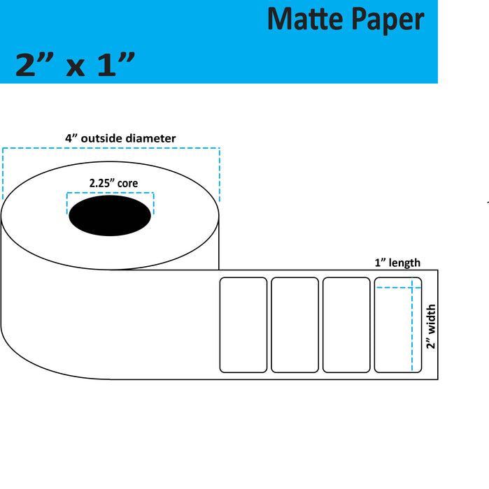 2" x 1" Matte Paper Inkjet Label - 900 per Roll - 8 Rolls per Case - 2.25" Core - 4" Outer Diameter - No Perfs.
