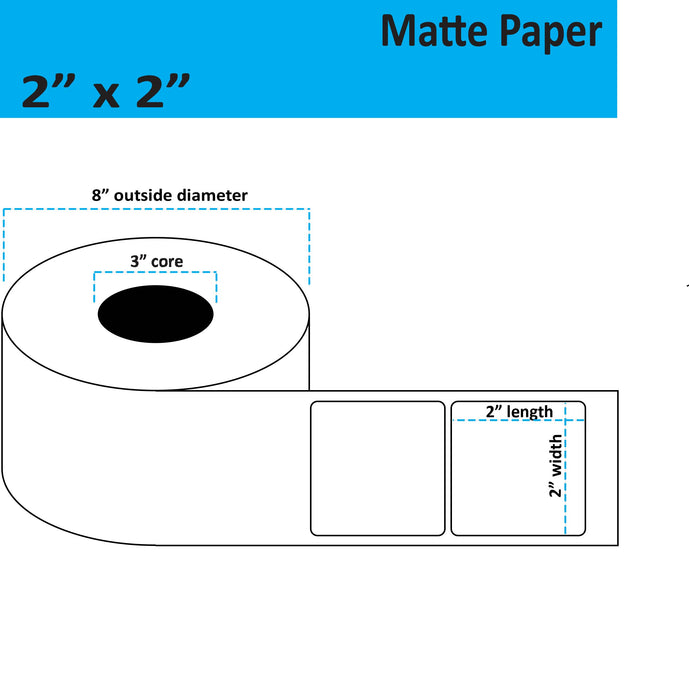 2" x 2" Matte Paper Inkjet Label - 2,750 per Roll - 2 Rolls per Case - 3" Core - 8" Outer Diameter - No Perfs.