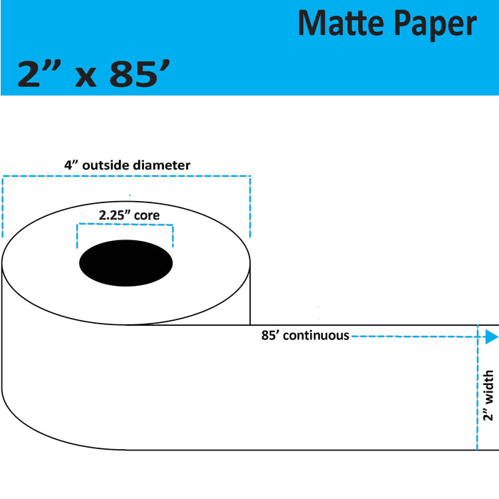 2" x 85' Continuous Matte Paper Inkjet Label - 12 Rolls per Case - 2.25" Core - 4" Outer Diameter - No Perfs.