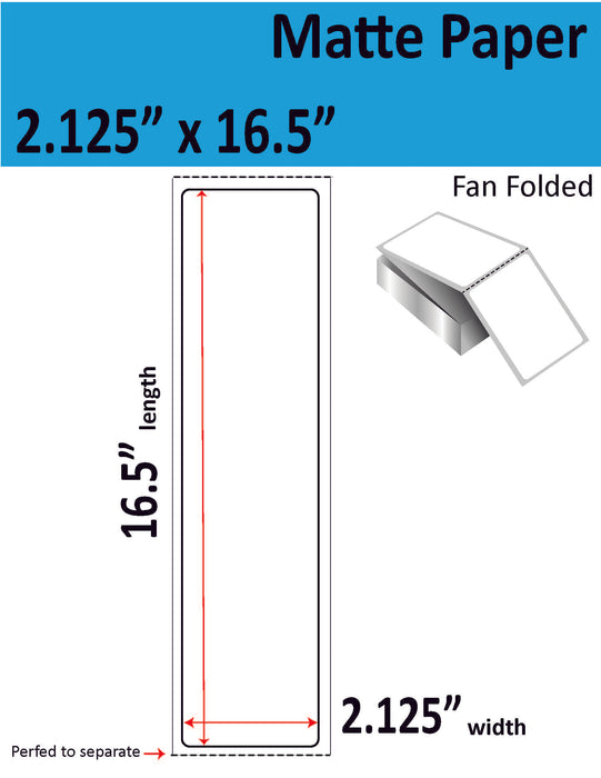 2.125" x 16.5" Matte Paper Inkjet Label - 2,000 per Case - 4 Stacks of 500 - Fan Folded - With Perfs.