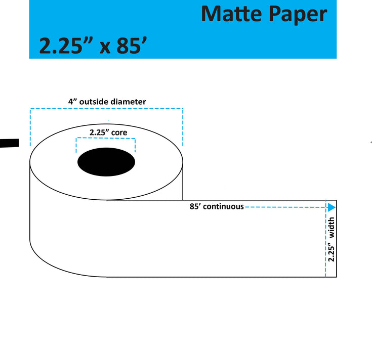 2.25" x 85' Continuous Matte Paper Inkjet Label - 12 Rolls per Case - 2.25" Core - 4" Outer Diameter - No Perfs.
