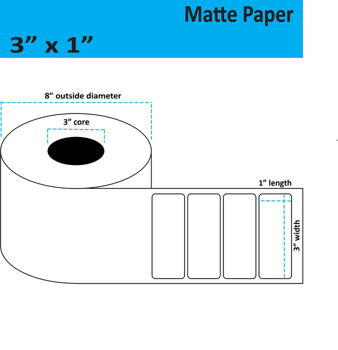 3" x 1" Matte Paper Inkjet Label - 5,250 per Roll - 2 Rolls per Case - 3" Core - 8" Outer Diameter - No Perfs.