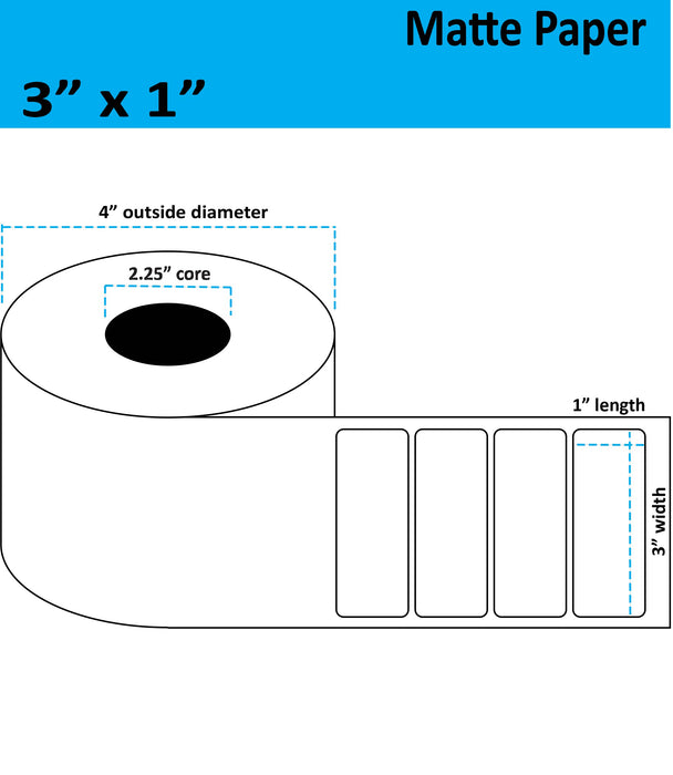 3" x 1" Matte Paper Inkjet Label - 900 per Roll - 8 Rolls per Case - 2.25" Core - 4" Outer Diameter - No Perfs.