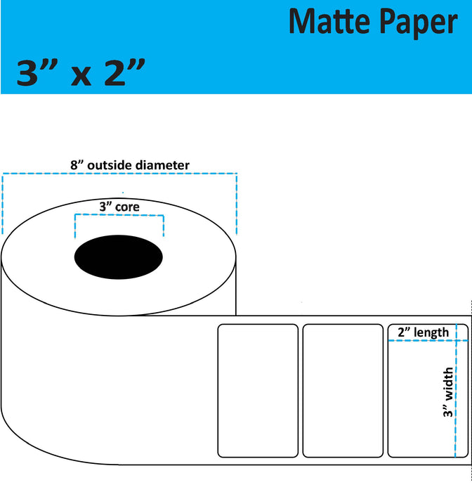 3" x 2" Matte Paper Inkjet Label - 2,750 per Roll - 2 Rolls per Case - 3" Core - 8" Outer Diameter - No Perfs.